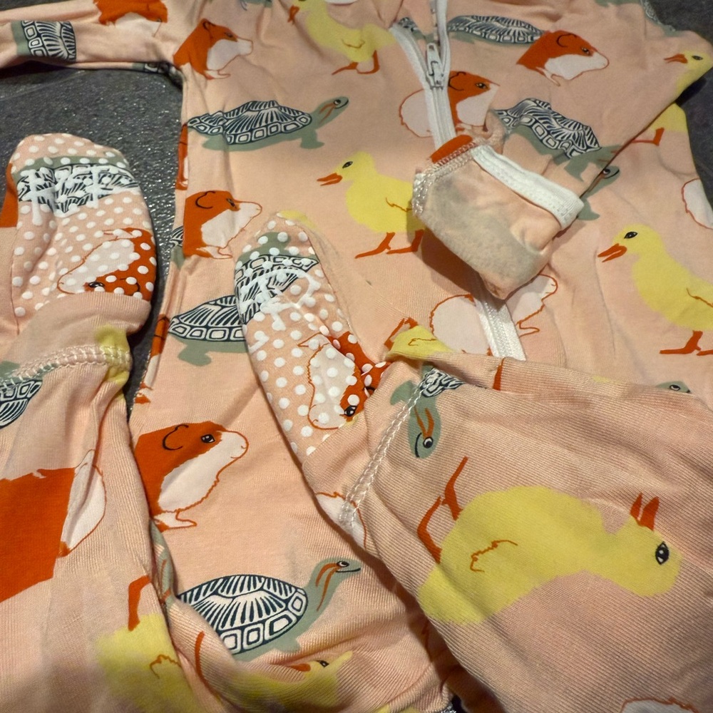 Kickee Pants Footie With Zipper Class Pets Print in Peach and Yellow